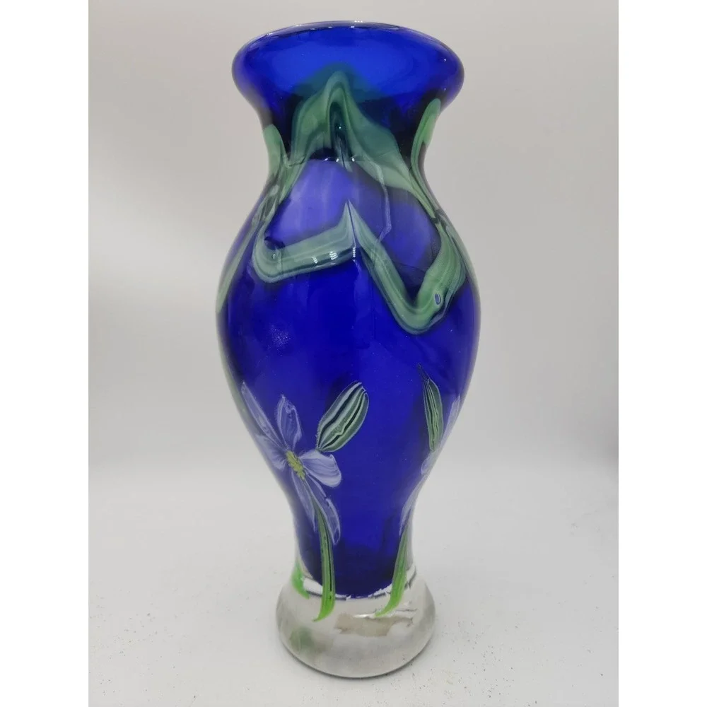 Art Glass Vase Cobalt Blue With White Flower 10